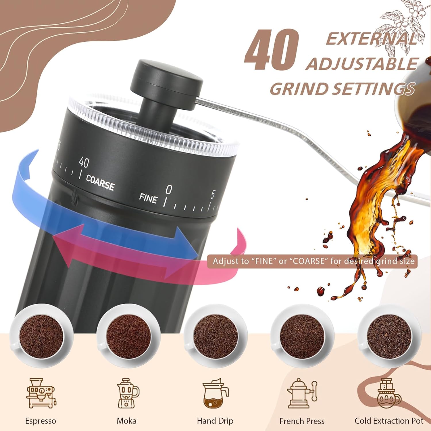 Manual Coffee Grinder, 40 External Grind Settings, Ceramic Conical Burr