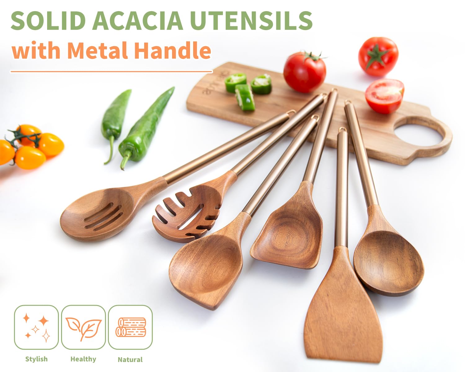 Utensilios de cocina de madera con mango de metal, juego de 6 utensilios de cocina, juego de espátulas de cucharas de madera, utensilios de cocina de 14 pulgadas de largo, espátulas de