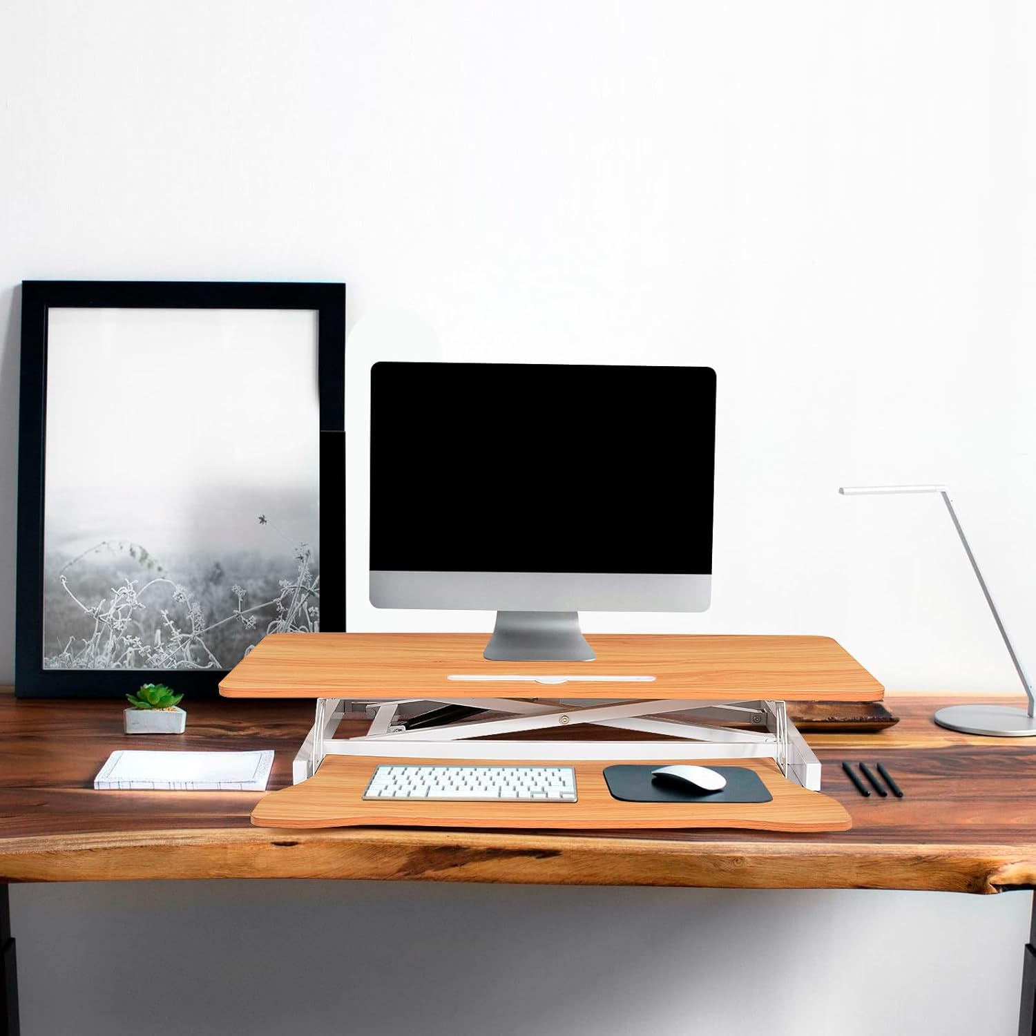 Standing Desk Converter 37 Inch – Height Adjustable Sit Stand Desk Riser with Pneumatic Spring Lift, Duals Monitor Laptop Workstation, Ergonomic Riser with Wide Keyboard Tray for Home Offices (Wood)