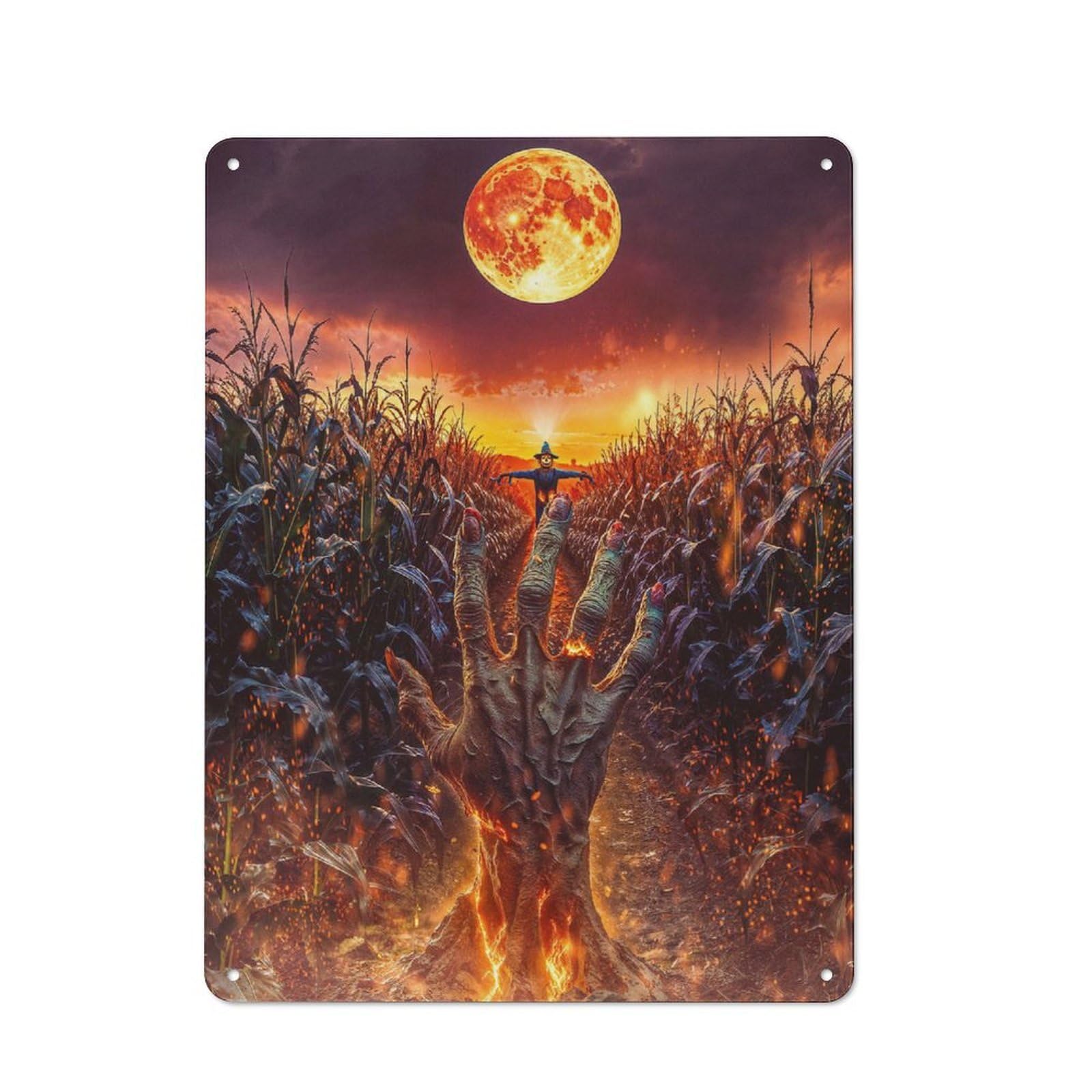 Junmoney Burning Hand In Cornfield En Halloween Retro-Style Tin Sign 40X30cm For Kitchen Or Home Bar, Suited To Kitchen Decor Lovers