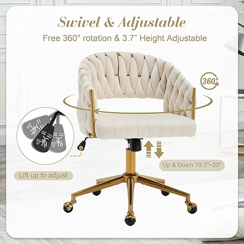 Miniatura 9 de ABET Silla de escritorio con ruedas, silla de terciopelo para oficina en casa, sillón giratorio con base dorada, inclinación trasera ajustable,