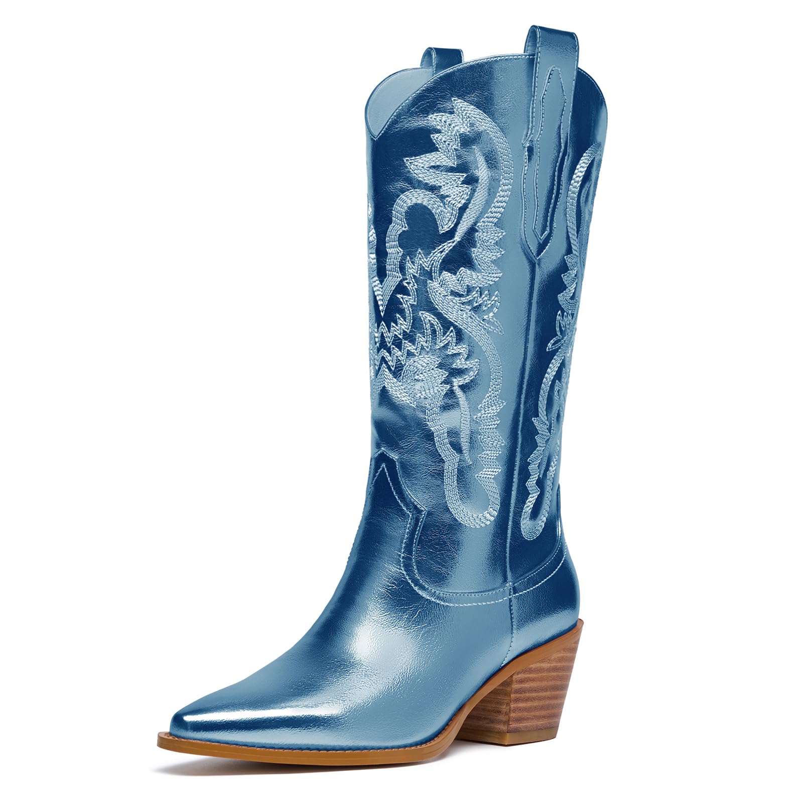 driceic Glitter Wide Calf Metallic Embroidered Cowboy Boots For Women Sparkly Mid Calf Chunky Heel Pull on Pointy Toe Western Cowgirl Boots Fashion