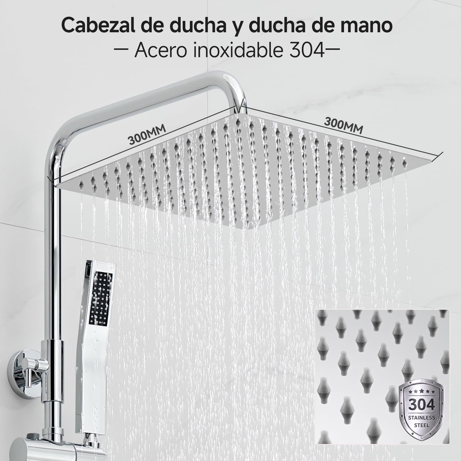 Auralum Columna Ducha Sin Grifo, Rociador de Ducha 30x30cm Acero Inoxidable 304, Alcachofa Ajustable y Estante Sin Taladro, Barra Ducha 62-102cm Compatible Orificios Existentes para Bañera, Cromo