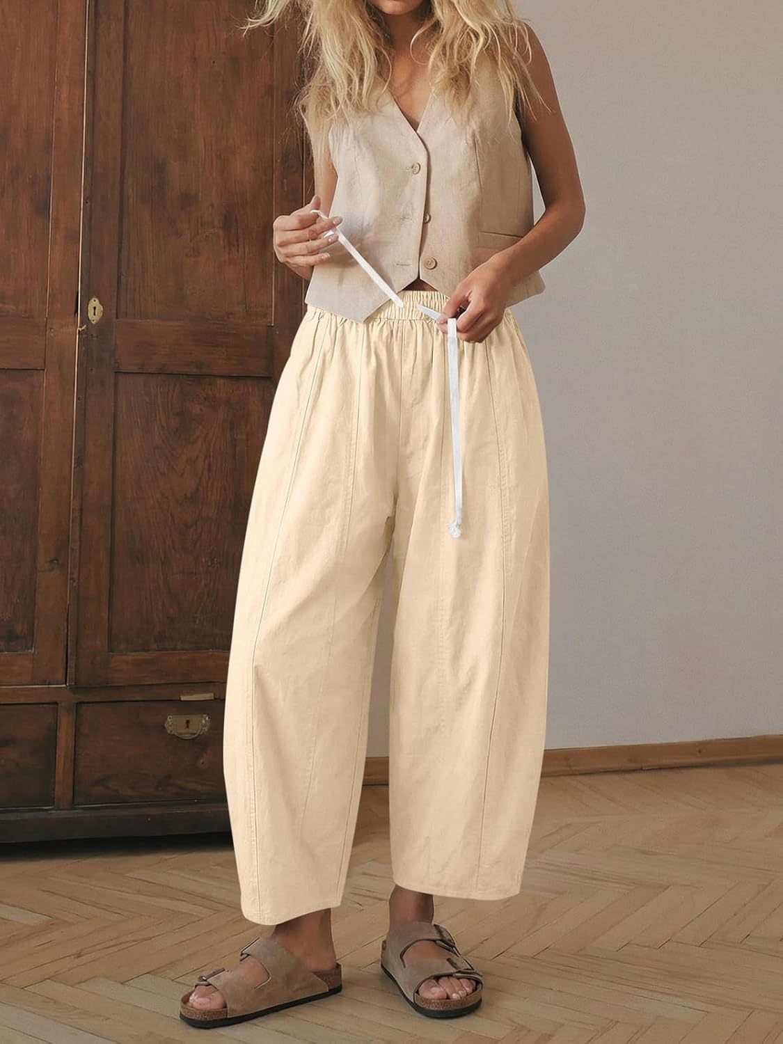 Cicy Bell Womens Baggy Barrel Pants High Waisted Wide Leg Casual Elastic Drawstring Cropped Loose Trousers with Pockets