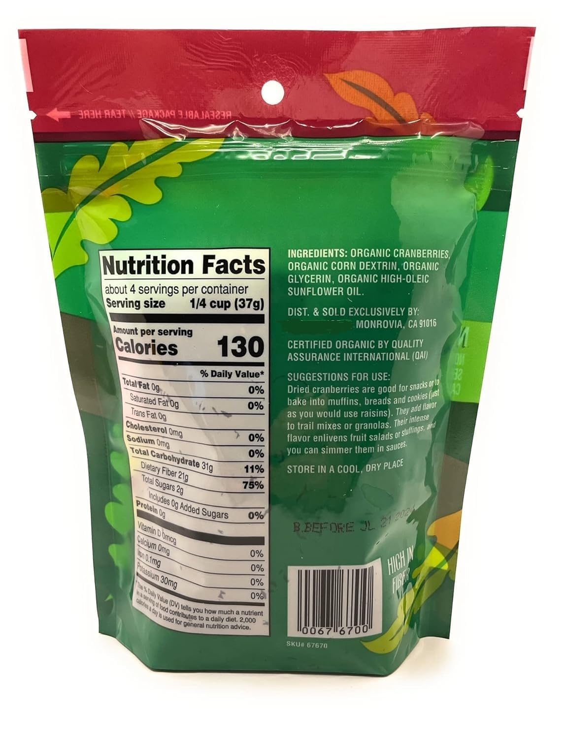 Organic Dried Cranberries High IN Fiber, No Sugar Added 5.5oz(156g) – Pack of 2