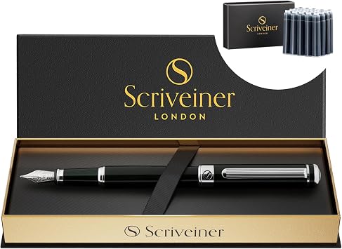 Scriveiner Black Green Fountain Pen - Stunning Luxury Pen with Chrome Finish, Schmidt Nib Medium, Bundle with Fountain Pen Ink Cartridges - Blue - 20 Standard International, Made in UK