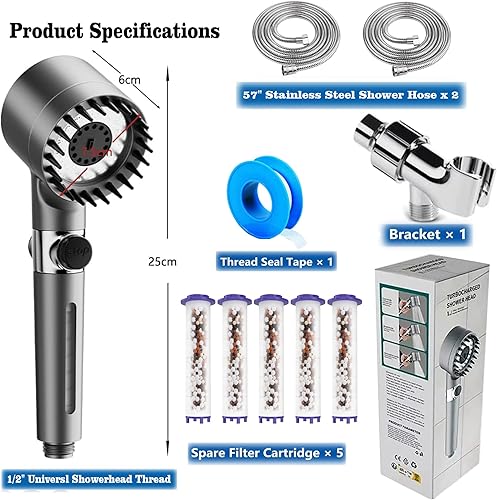 Miniatura 3 de Ion Drops - Cabezal de ducha filtrado con mano, flujo de agua de alta presión y 3 modos de pulverización, 5 filtros reemplazables, 2 mangueras de