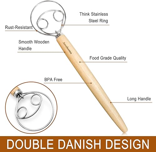 Miniatura 2 de Batidor de masa danés grande - Batidor de mano grande de madera de acero inoxidable de 13 pulgadas con raspador de masa, licuadora artesanal de