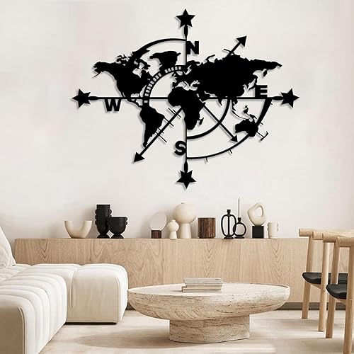 Miniatura 6 de Trpiox Arte de pared de metal con mapa del mundo y brújula, decoración de pared de metal mapa, decoración de pared de brújula para sala de estar,