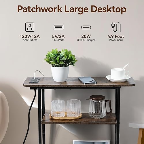 Miniatura 6 de Mesa auxiliar estrecha con estación de carga USB-C, mesa auxiliar delgada de 3 niveles con soporte para revistas, mesa auxiliar delgada moderna para