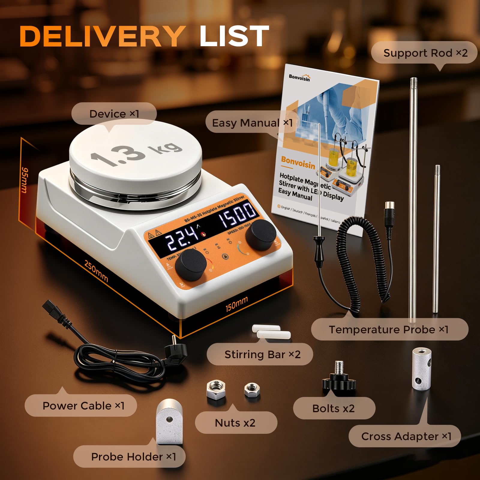 Bonvoisin Agitador Magnético con Placa Calefactora, 3L, 100-1500 rpm, 320W | Placa de 140 mm, Motor Sin Escobillas, Inversión Automática, Temporizador 0-99h59, LED, Silencioso, Incluye 2 Agitadores