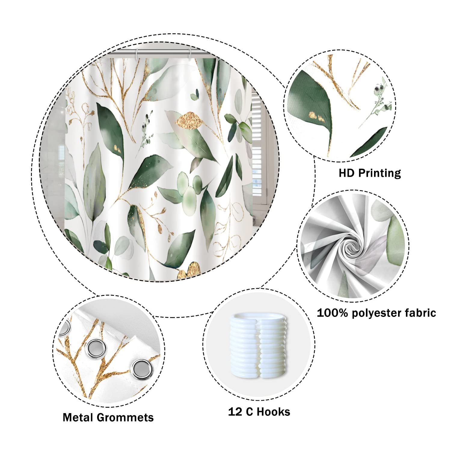 Cortinas de Ducha abstractas de Hojas de eucalipto, Verde Salvia, Hojas Doradas, Naturaleza para baño, Estilo Granja, decoración del hogar, Cortina de Ducha de Tela de poliéster Impermeable con