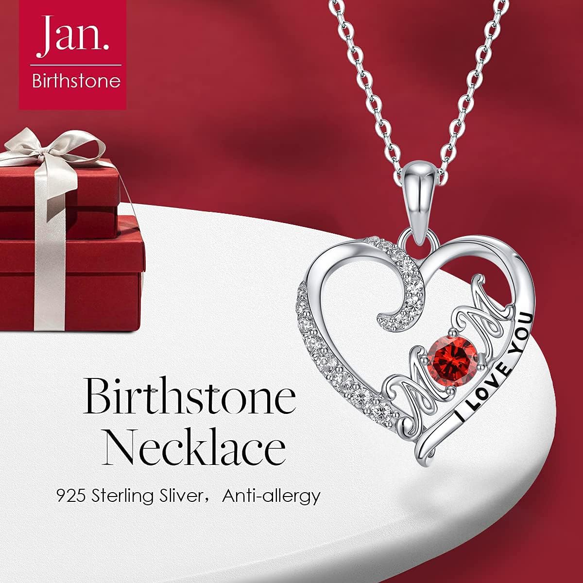 Love Heart 925 Sterling Silver Necklace, Gold Plated Birthstone Pendant Mom Necklaces with Cubic Zirconia for Mother Women
