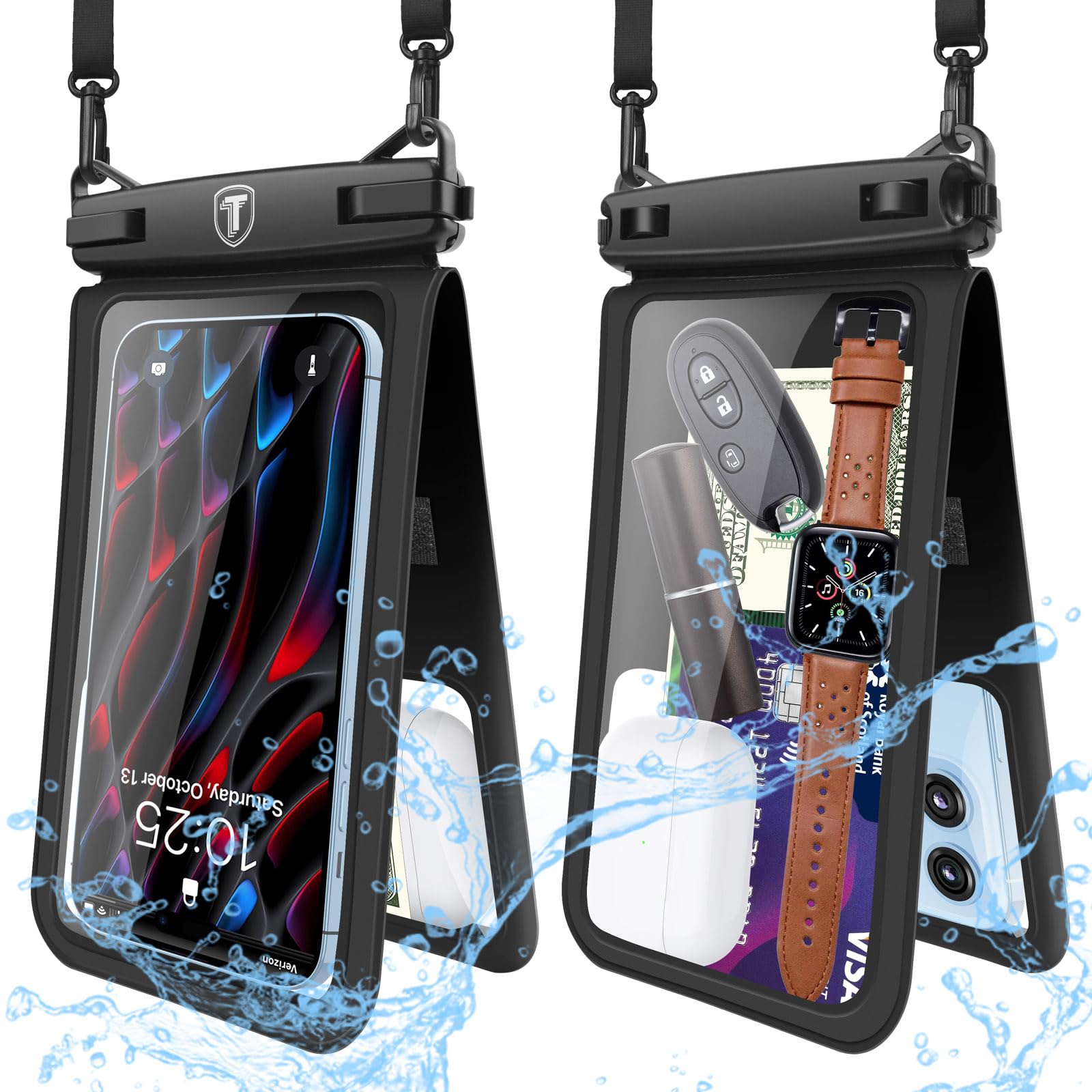 [2-Pack] Tekcoo Double Space Detachable Waterproof Phone Case IPX8 Pouch Lanyard Dry Bag for iPhone 17/16/15/14/13/12/Pro Max/Air/Pro/Xr/Xs/SE, Galaxy
