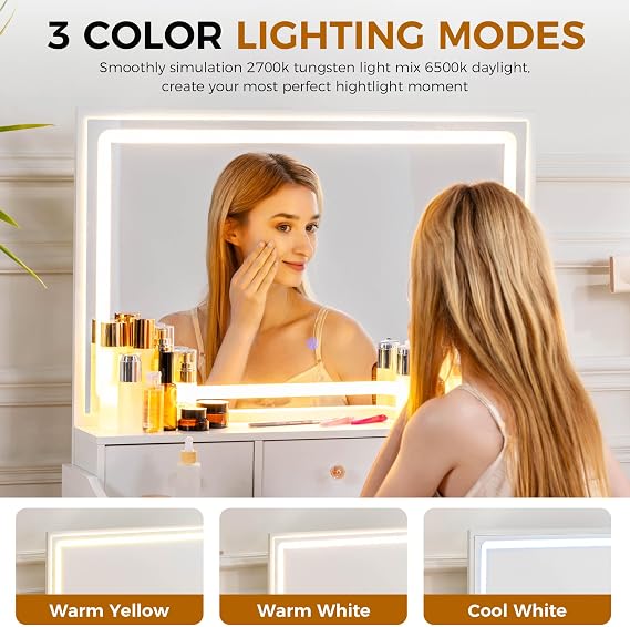 COMHOMA Makeup Vanity Desk with Mirror and Lights, Vanity Table and Chair Set with 5 Drawers & Charging Station, Modern Dressing Table for Girls, Stepless Dimmable & 3 Color Adjustable, Pearl White