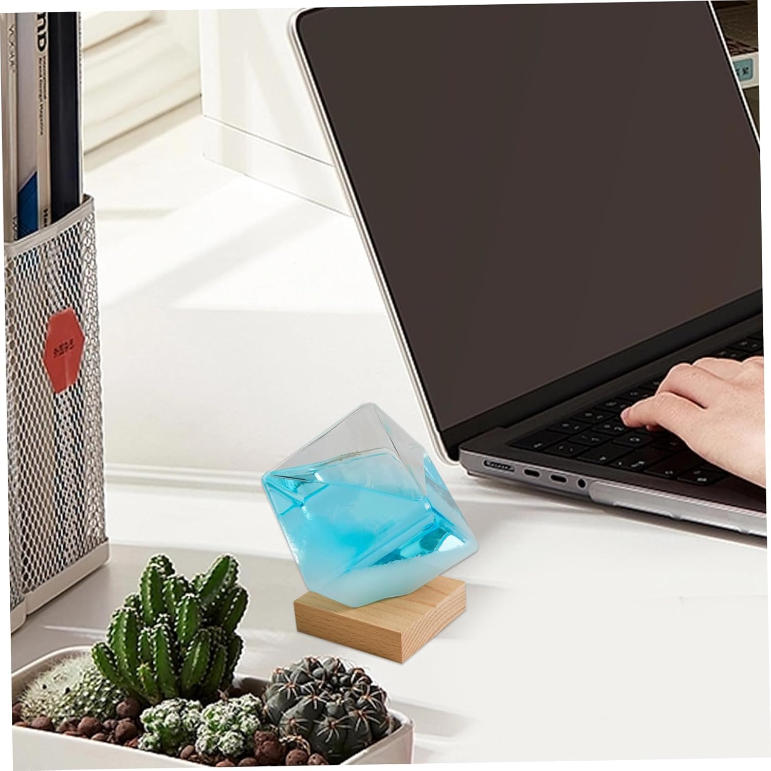 Storm Glass Weather Forecaster Crystal Blue Water Cube Storm Glass Weather Predictor with Wooden Base Creative Predicting Desktop Ornaments for Home Office Gift for Women Men