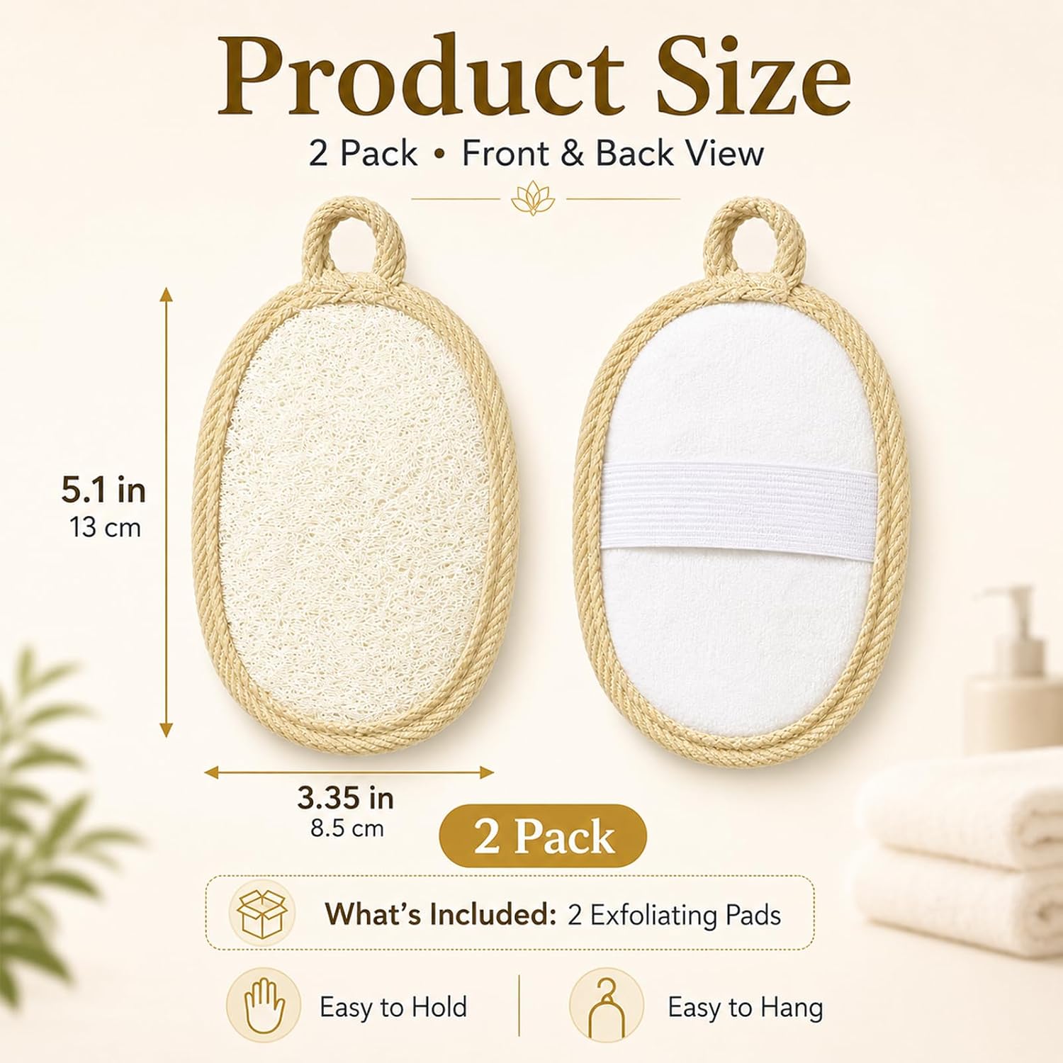 Natural Loofah Pads, 2 Pack Exfoliating Body Scrubber for Shower | Plant-Based Bath Sponge with Terry Cloth Back and Hand Strap for Body Wash, Exfoliating Bath Routine, Beige, Women Men