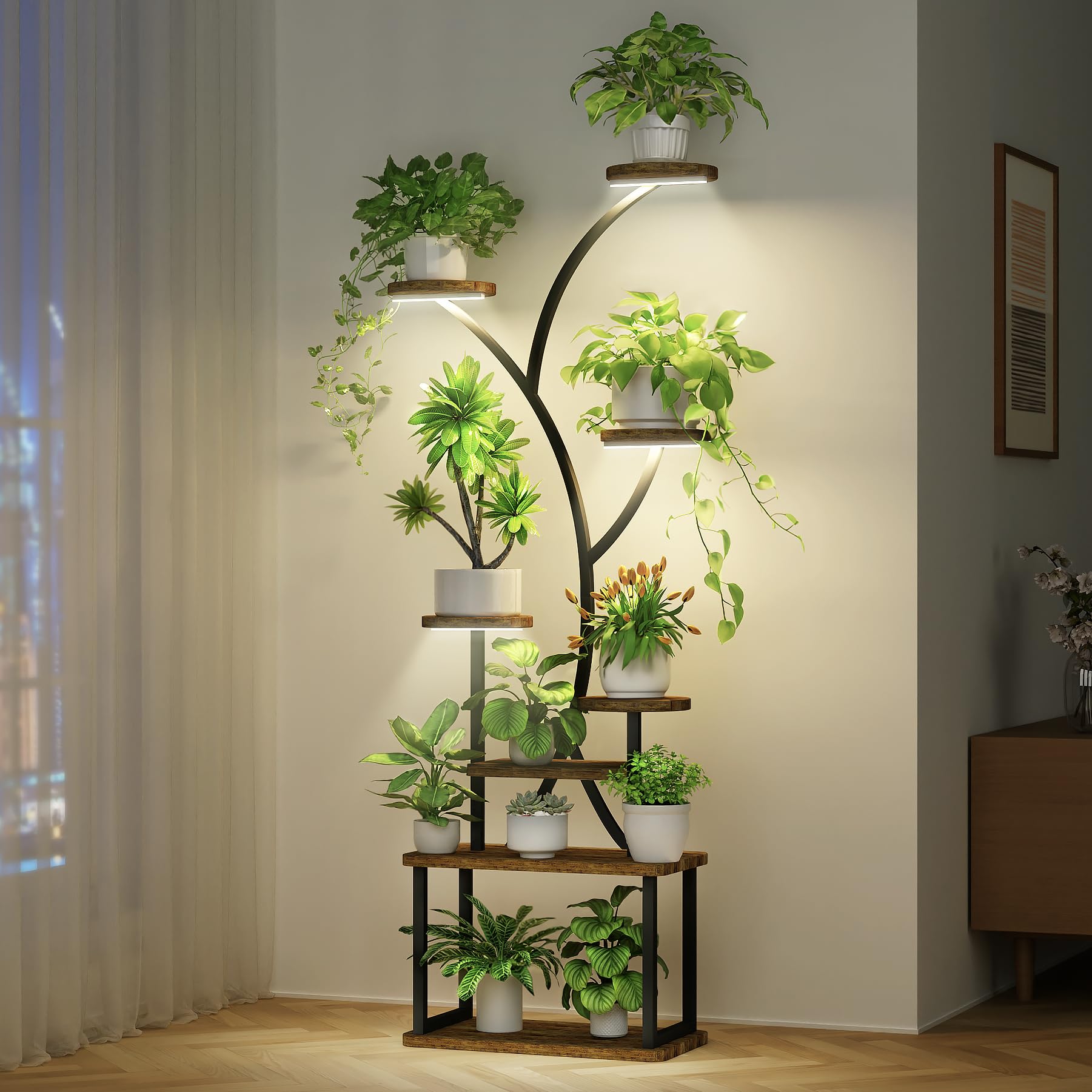 Plant Stand Indoor with Grow Lights, 8 Tiered Plant Shelf with Wheels, 60.7IN Corner Plant Stand Shelves for Indoor Plants, Metal Tall Plant Holder, S-Shaped Plant Rack for Home, Patio
