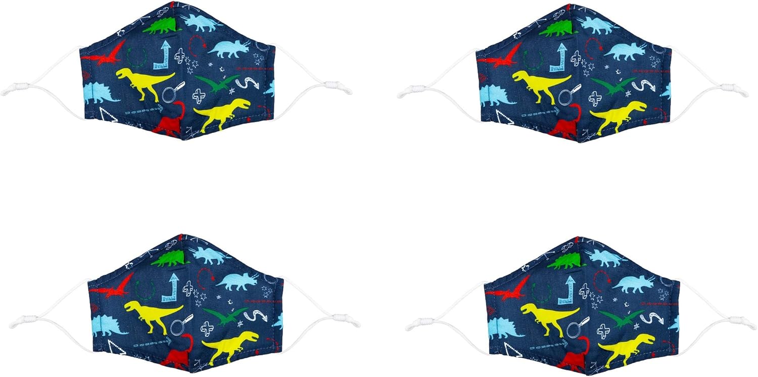 Children's Non-Medical Cotton Face Mask, Dinosaurs, Set of 4 Reusable and Washable Adjustable Face Masks
