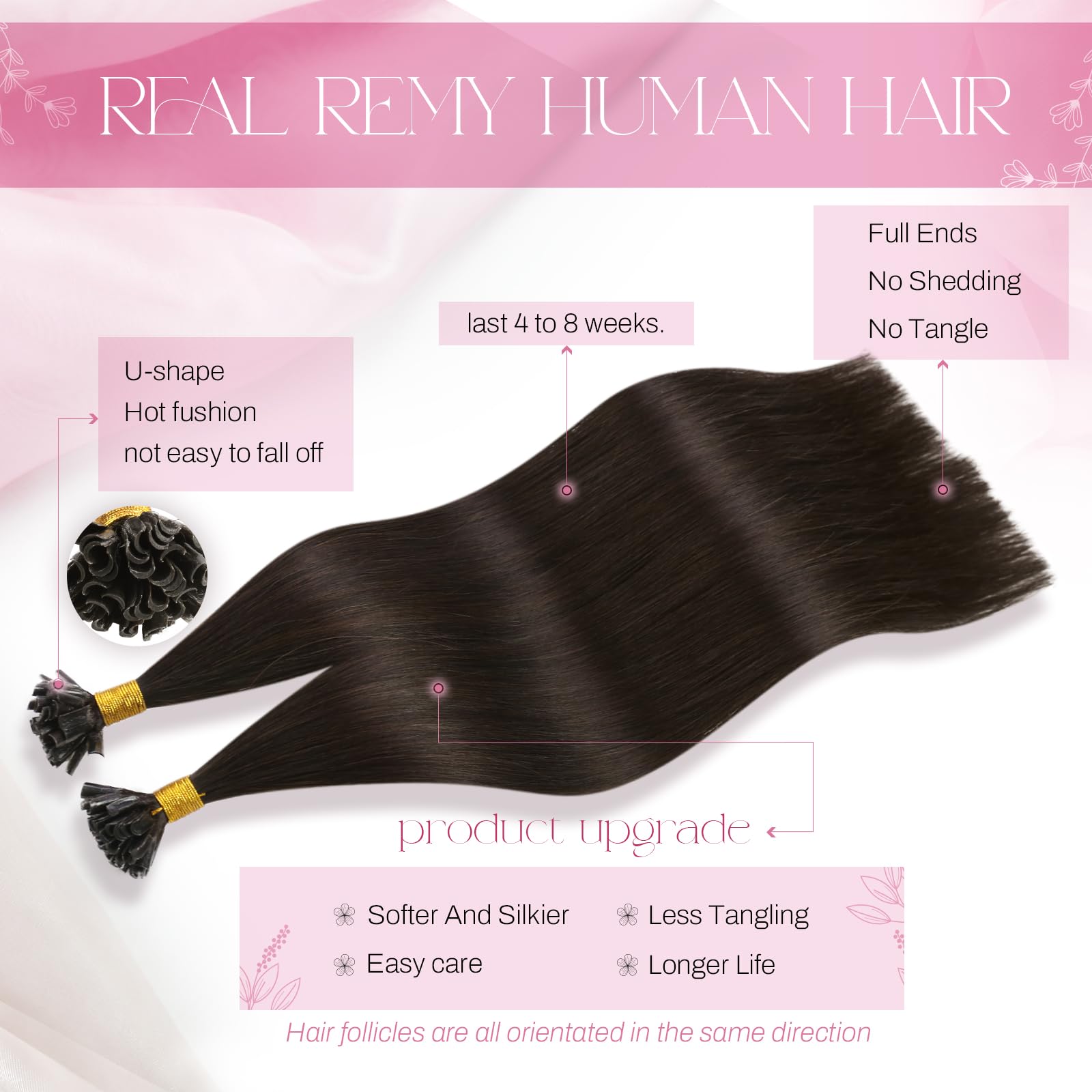 Moresoo U Tip Hair Extensions Real Human Hair 24 Inch Darkest Brown Hot Fusion Pre Bonded Hair Extensions Brown Remy Human for Women 1g/s 50g/Pack #2 - Image 2