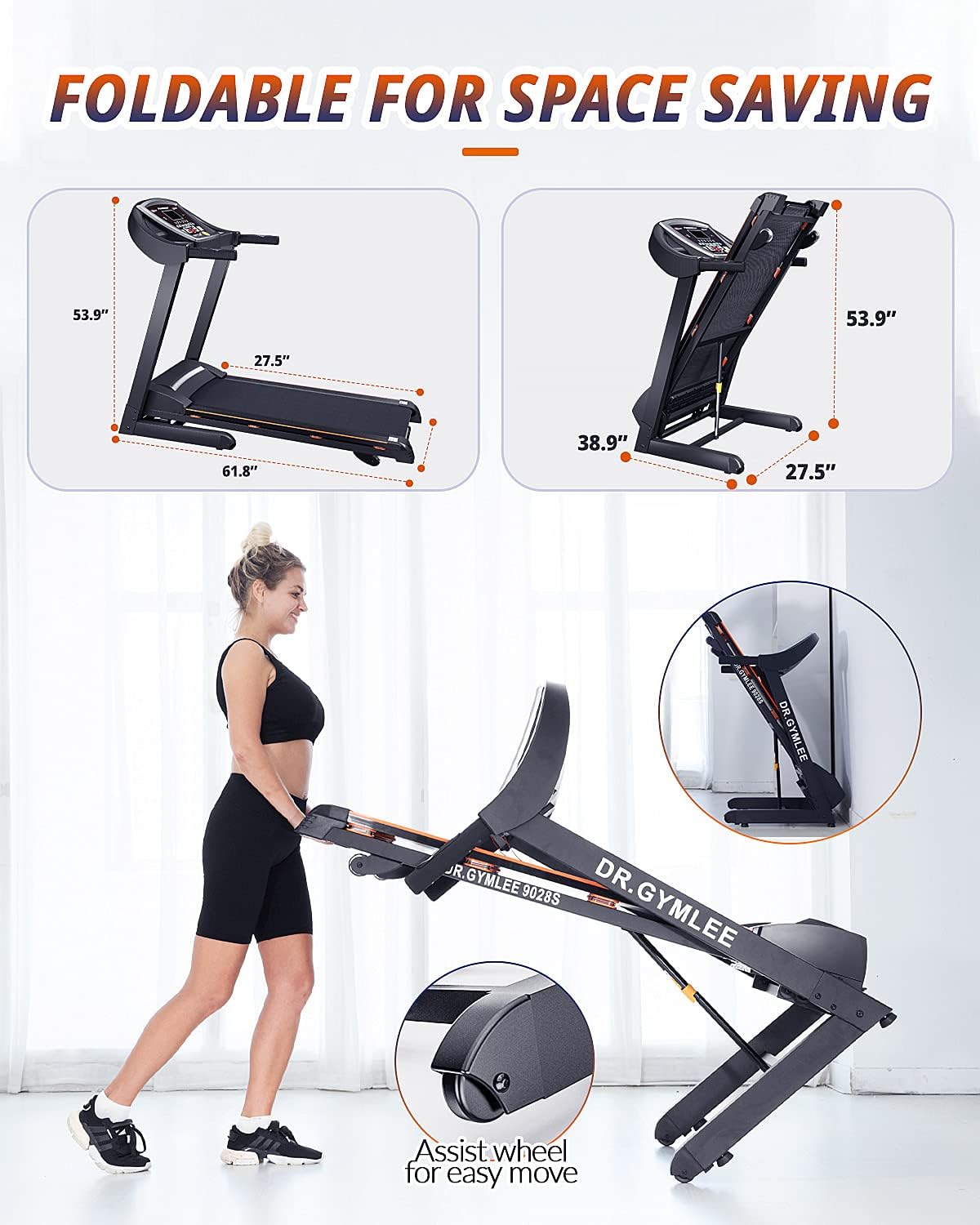 DR.GYMLEE Folding 3.5 HP Treadmill 320 LB Capacity for Home, 15% Auto Incline Running Machine with & Strong Shock Absorption, Easy Assembly & Space Saver for Home Office Workout…
