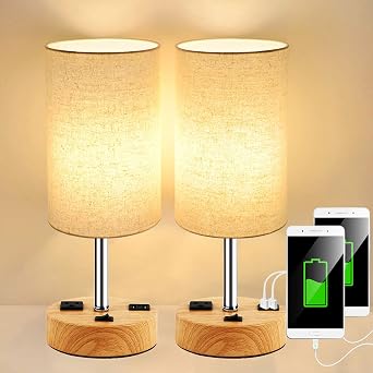 Jorunhe USB Table Lamp Set of 2, Nightstand Lamp with Dual USB Charging Port and Prong AC Outlet, Modern Desk Lamp with Linen Shade for Bedroom, Living Room, Study