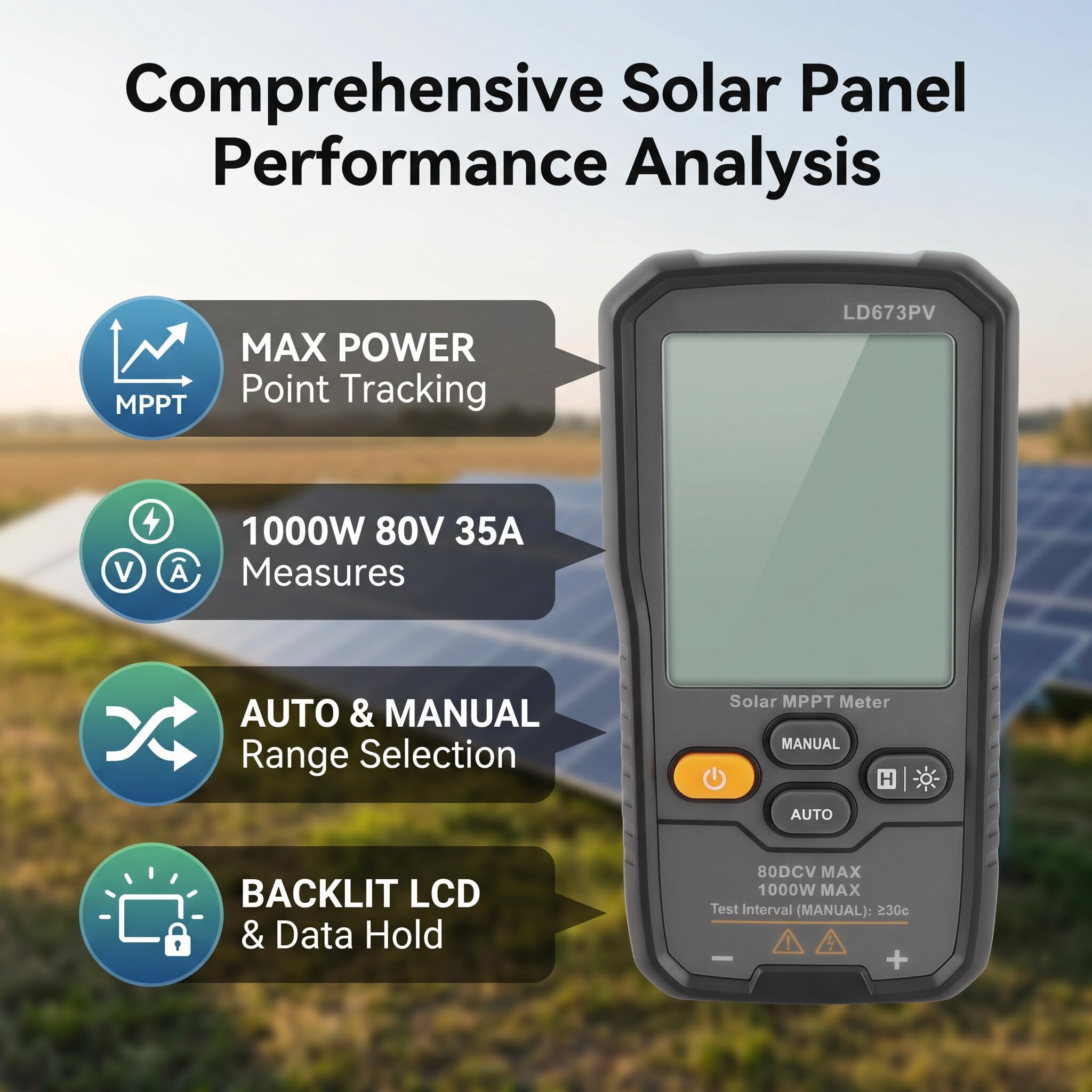 Fafeicy Probador de Panel Solar, Multímetro Fotovoltaico MPPT de 1000W 80V 35A con LCD Retroiluminada y Retención de Datos
