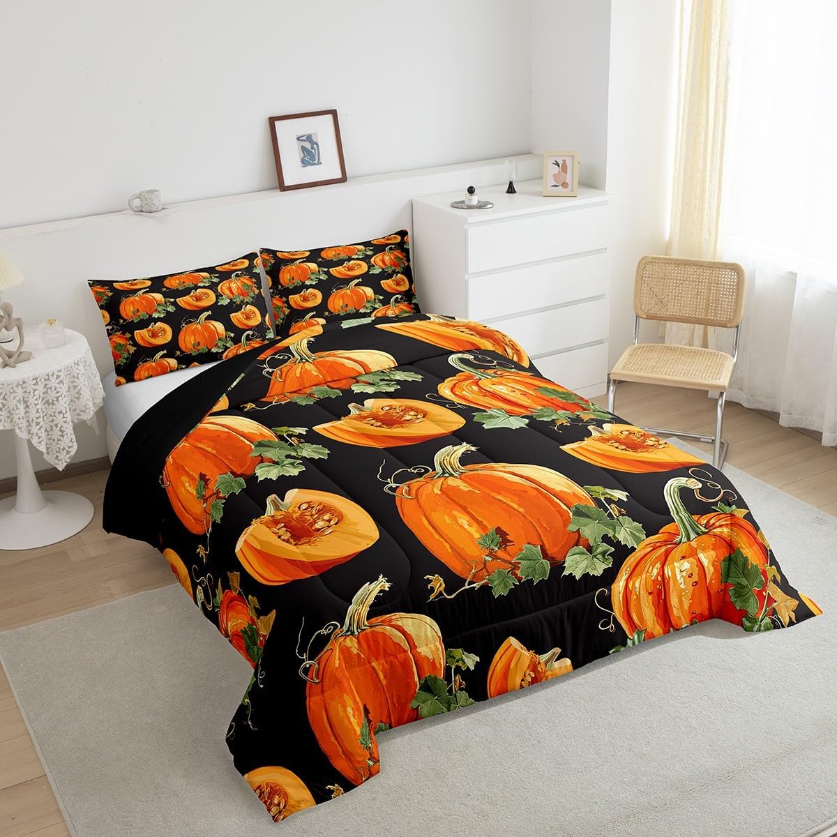 Erosebridal Thanksgiving Theme Comforter Set Watercolor Pumpkin Decor Bedding Queen, Toddler Fall Autumn Harvest Season Bedding Comforter Sets for Kids Children Girls Boys, Orange Black
