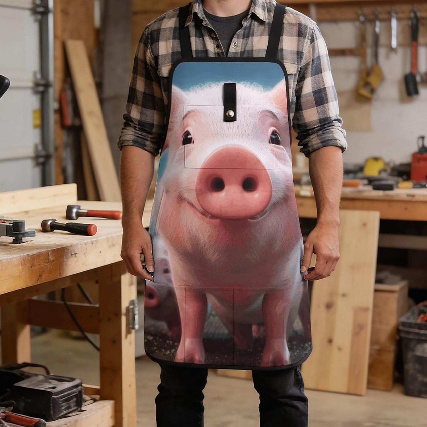 Funny Cute Pig Work Apron with 8 Tool Pockets Fully-Adjustable Cross-Back Carpenter Apron for Workshop Cooking Cleaning Woodworking Gardening Welding & DIY Enthusiasts image 5