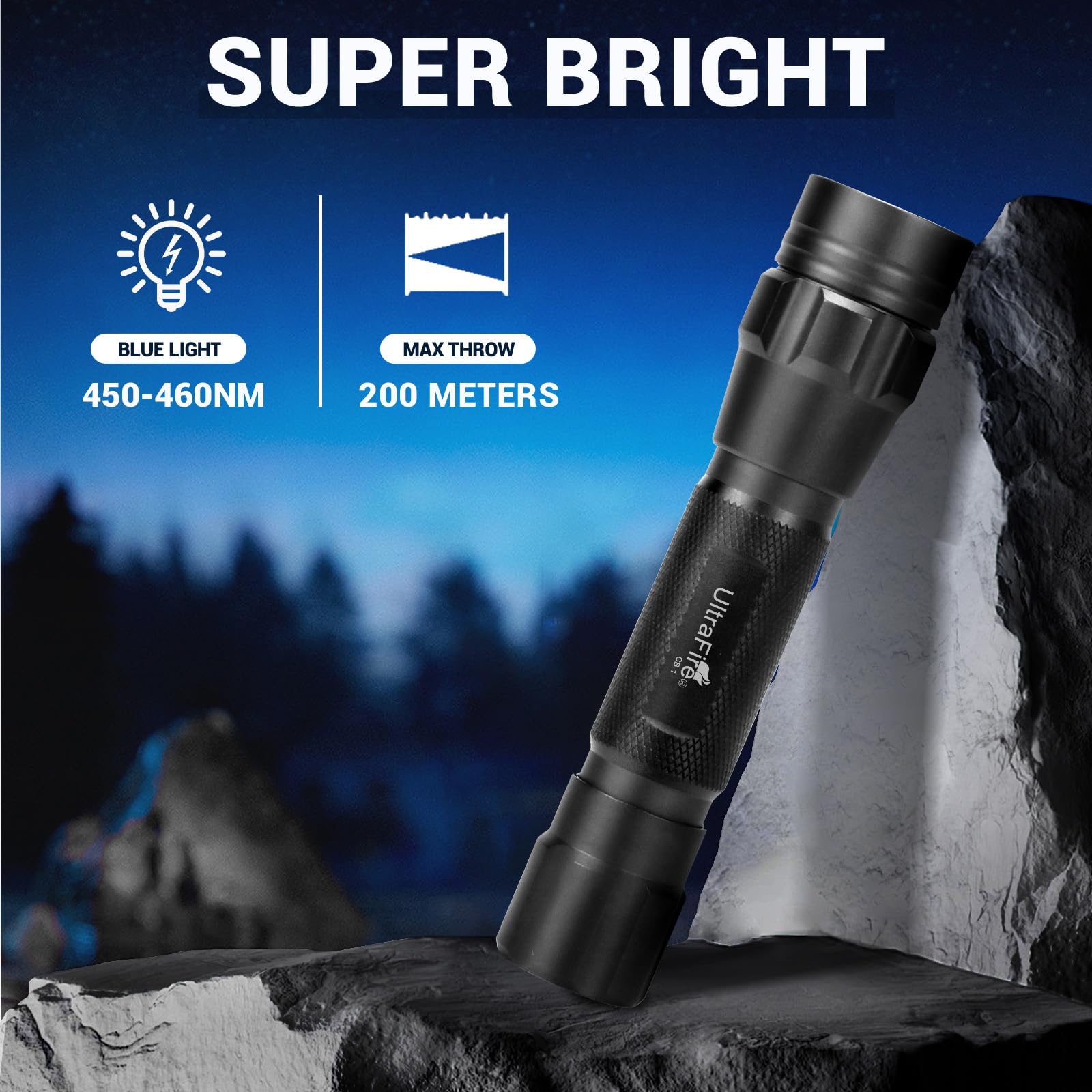 ULTRAFIRE Torcia a LED blu, 450-460 nm, luce blu da caccia, torcia da caccia con batteria e caricabatterie, luce blu da 656 piedi per pesca notturna e osservazione notturna, CB1