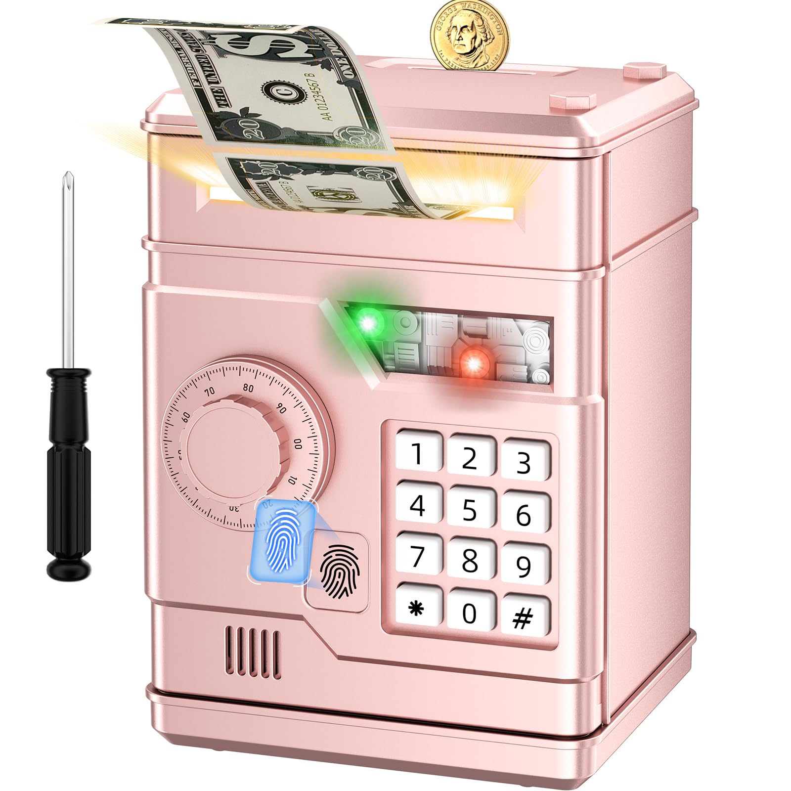 Piggy Bank, Automatic Electronic Piggy Bank for Kids Boys Girls with Password and Fingerprint Unlocking Simulation, Money Bank Kids Safe Toys for 3 4 5 6 7 8 9 10 Year Old Boy Girl (Rose Gold)