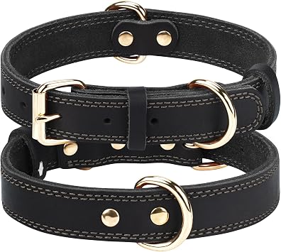 Joytale Leather Dog Collar for Medium Dogs, Genuine Thick Solid Leather, Heavy Duty Sturdy Pet Collar, Adjustable Metal Pin Buckle for Reliable Daily Training and Walking, Black, M