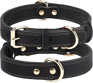 Joytale Genuine Leather Dog Collar with QR ID Tag,Heavy Duty Dog Collar with Metal Buckle,Soft and Durable Leather Collar Adjustable for Large Dogs, Black, L