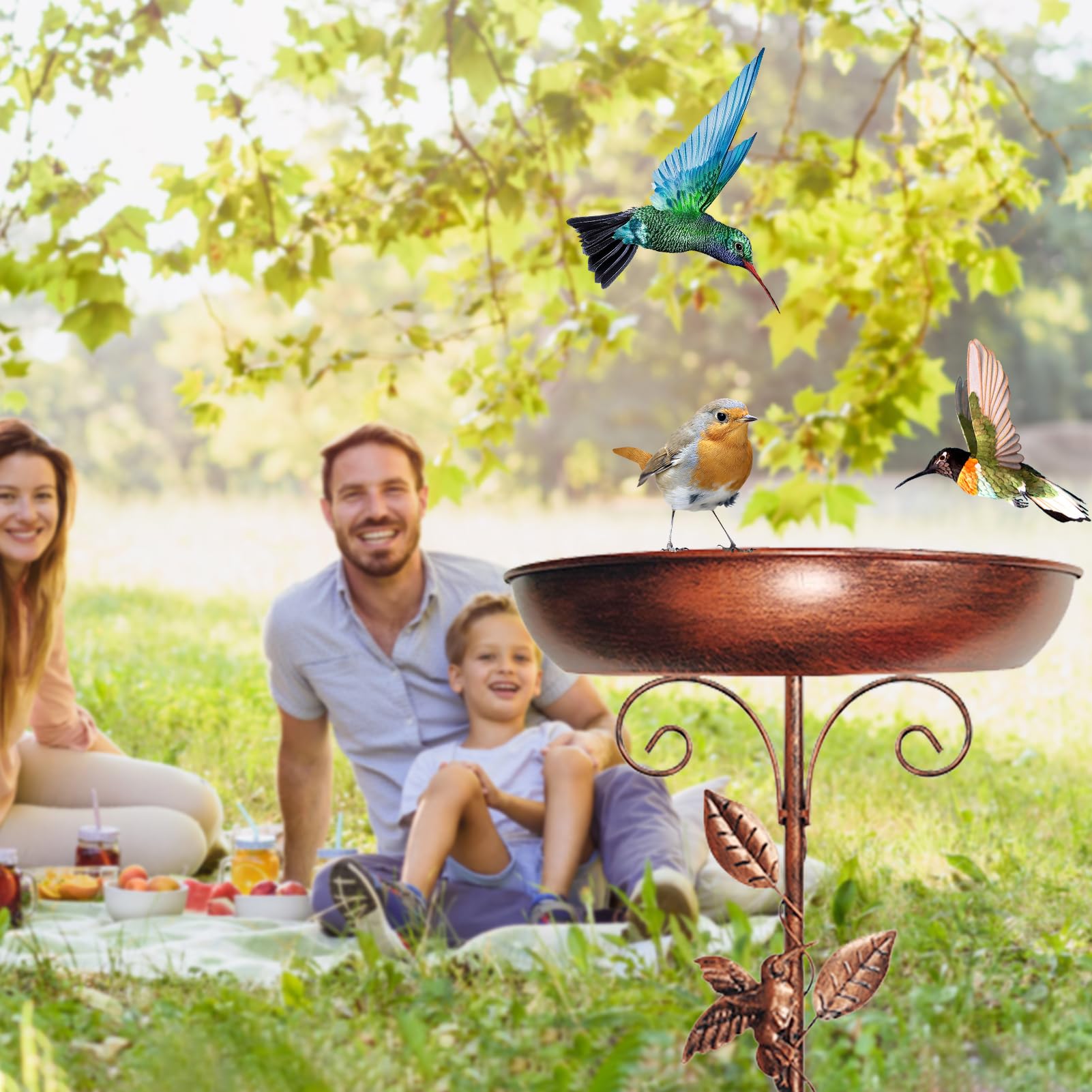 35 pouces Abreuvoir pour oiseaux debout, bain d'oiseaux pour le jardin, bain d'oiseaux en métal vintage autoportant avec base stable à 5 branches, abreuvoir pour oiseaux grand résistant au