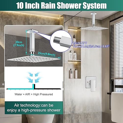 Miniatura 5 de Heyalan Juego de grifo de ducha cuadrado de acero inoxidable para baño, sistema de ducha de lluvia con una manija, kit de molduras de ducha de una