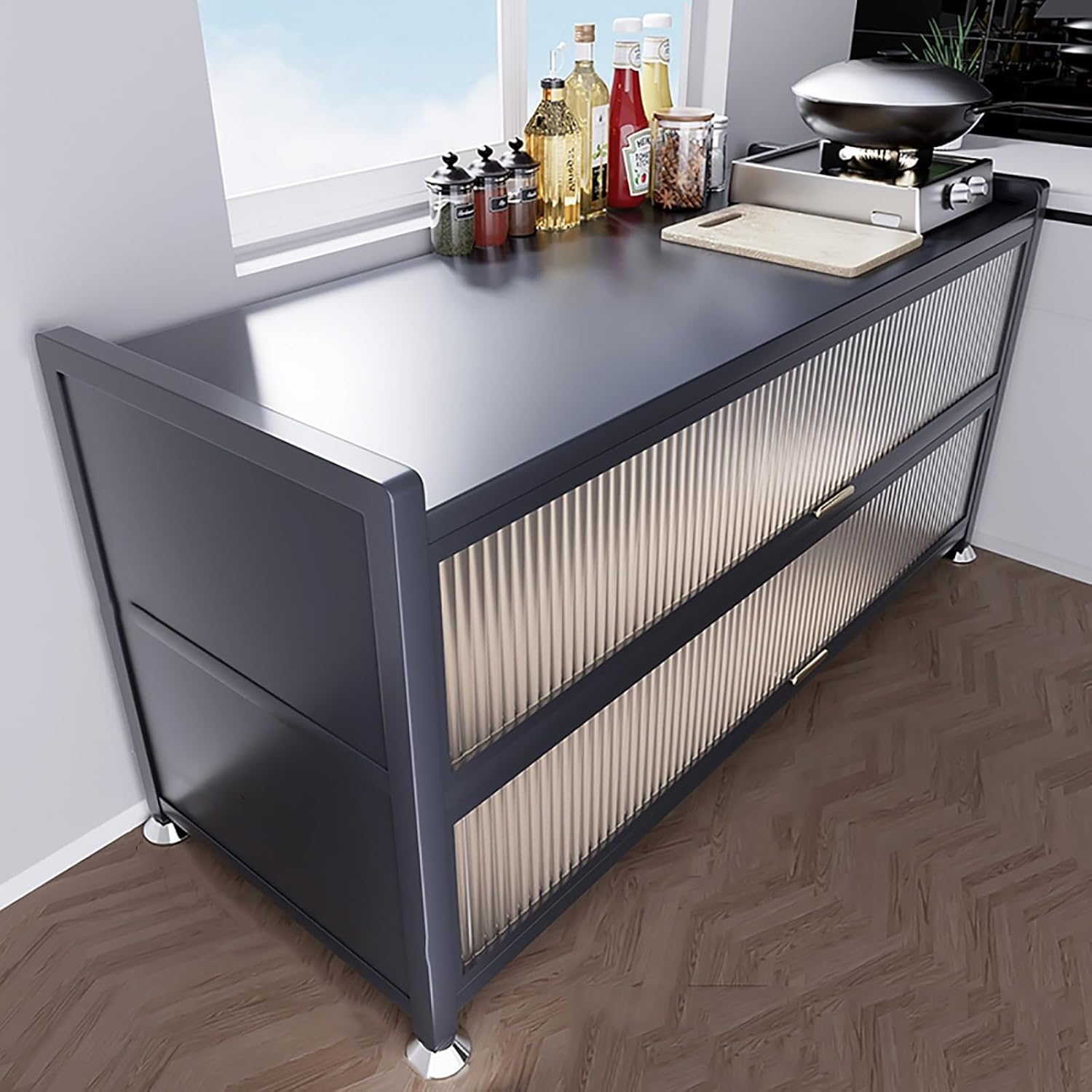 Metal Kitchen Prep Table Station, 3 Tier Freestanding Organizer, Multifunctional Kitchen Storage Rack, Extended Counter (Color : Dark Gray, Size : 100 * 44 * 85cm)