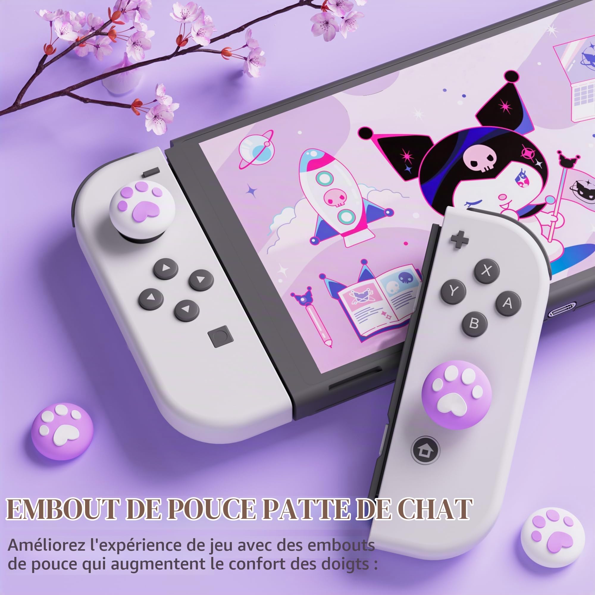 HYPERCASE Sac de transport rigide pour console NS/OLED, poignée de contrôleur, rangement d'accessoires avec 10 emplacements pour cartes et 2 capuchons de frappe, lapin de dessin animé violet