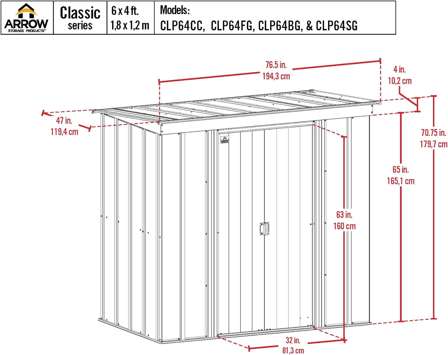 Arrow Classic Steel Storage Shed, 6x4, Flute Grey