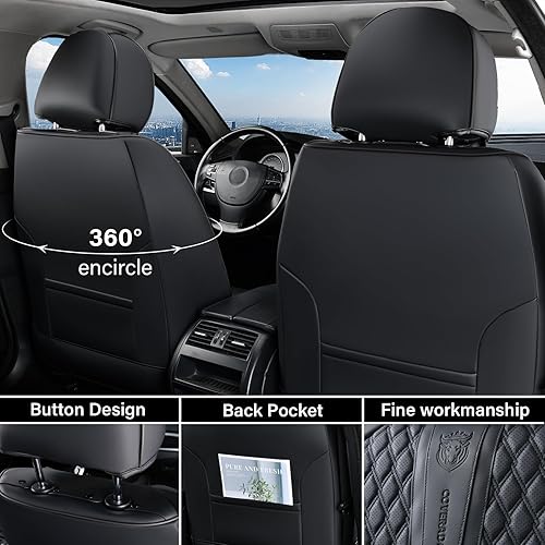 Miniatura 2 de Coverado Fundas de asiento de cuero para automóvil, fundas impermeables para asiento delantero de automóvil con soporte lumbar, ajuste universal