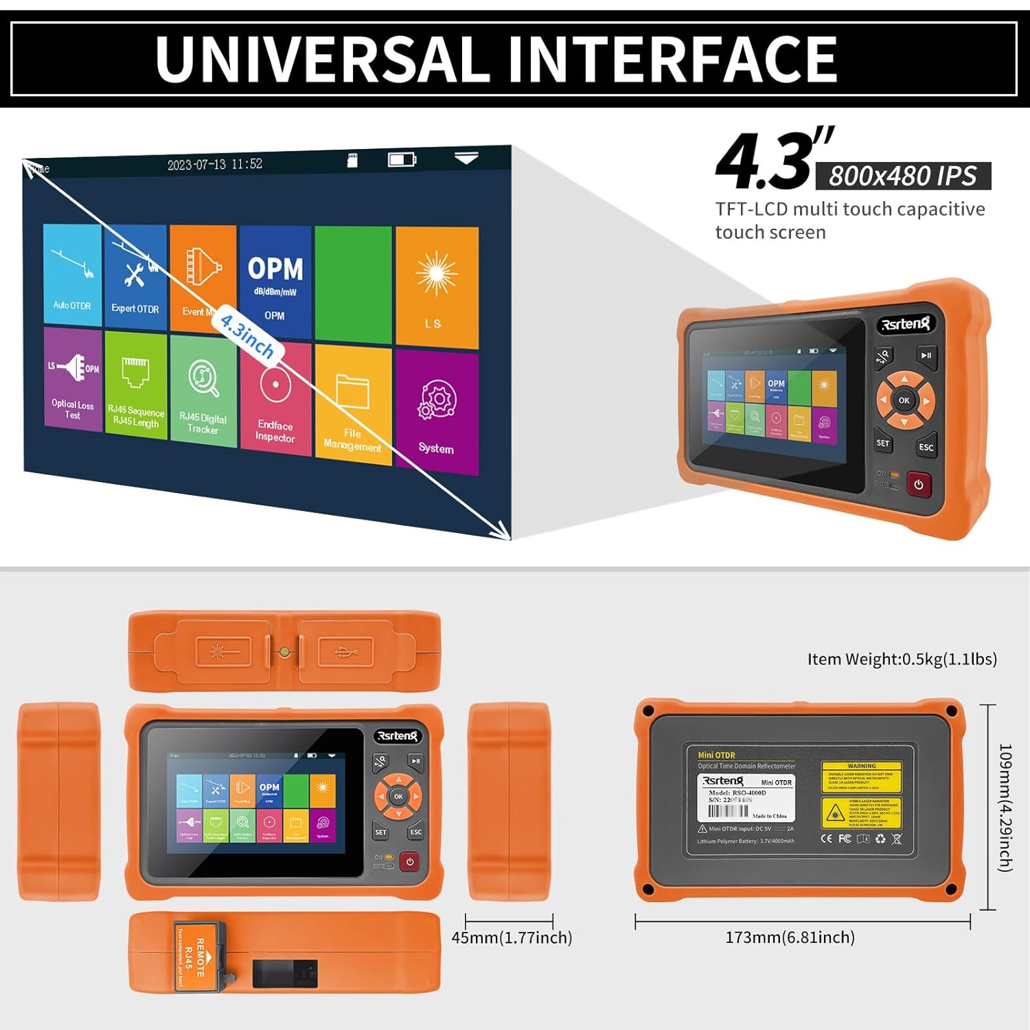 Rsrteng OTDR Fiber Optic Tester 1610nm 22dB Test Rang 500m-100Km Live Fiber Test Support OPM VFL OLS LS Event Map RJ45 Test 8GB TF Card Analysis Software Connectors with UPC/FC SC LC ST SC/UPC-SC/APC