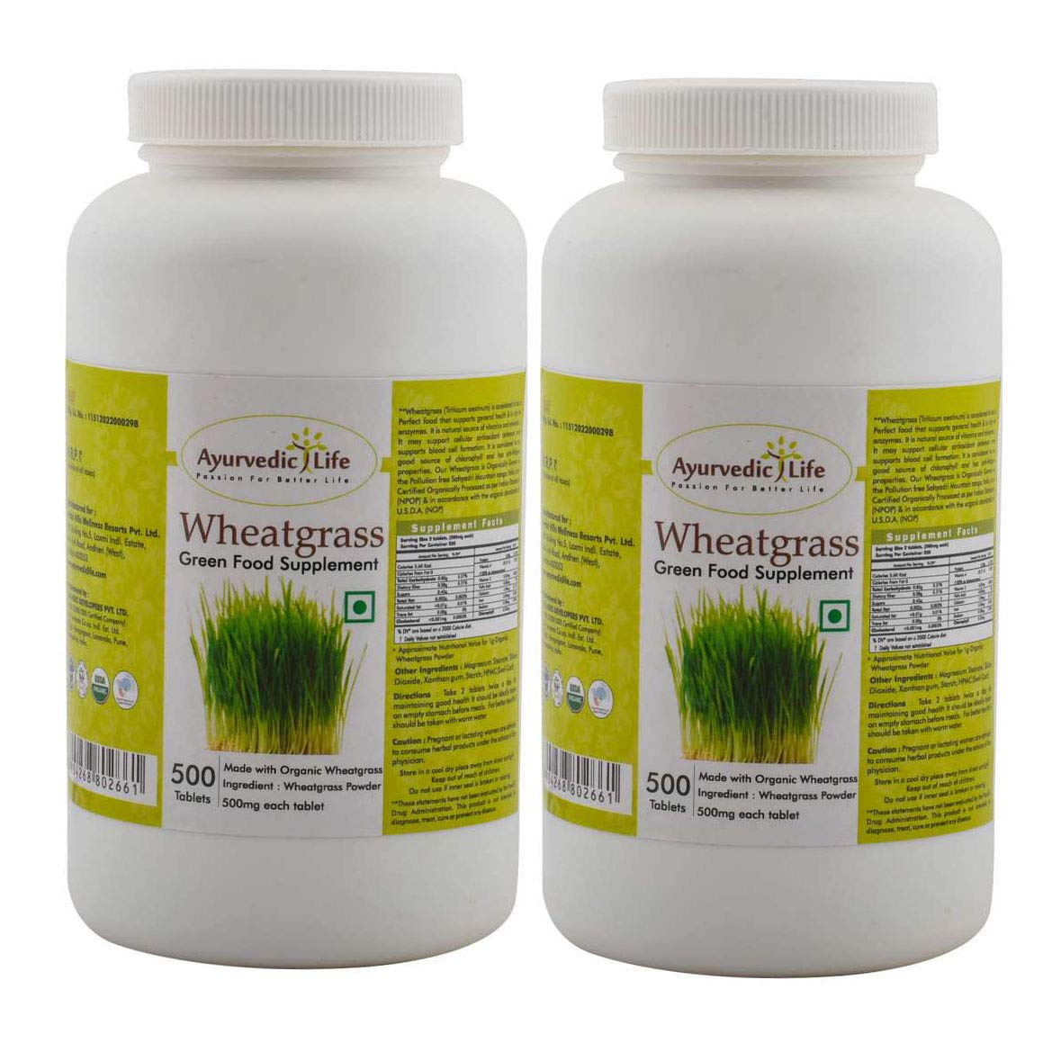 Ayurvedic Life Wheatgrass Tablets 500 count value pack of 2, green