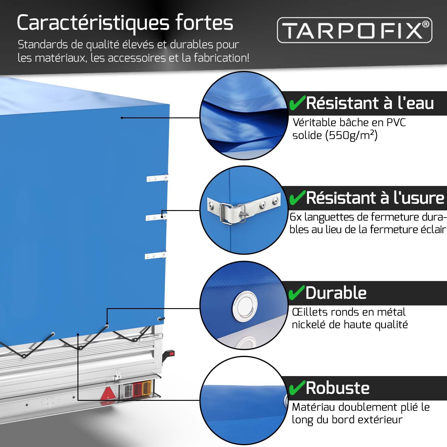 Tarpofix® Bâche de remorque Haute 258 x 135 x 120 cm & Corde de bâche - Bâche de remorque Durable PVC Robuste - Bâche de Couverture idéale pour Divers modèles de remorques de 750kg & 1000kg