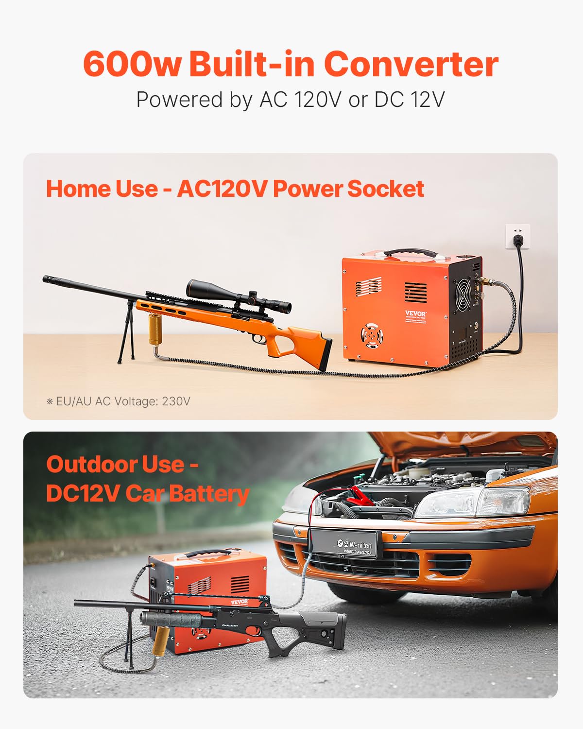 VEVOR Compresseur d'air PCP, 300 W 30 MPa, avec convertisseur intégré et système de refroidissement par ventilateur, arrêt automatique, pompe de réservoir de paintball sans huile pour pistolet à air