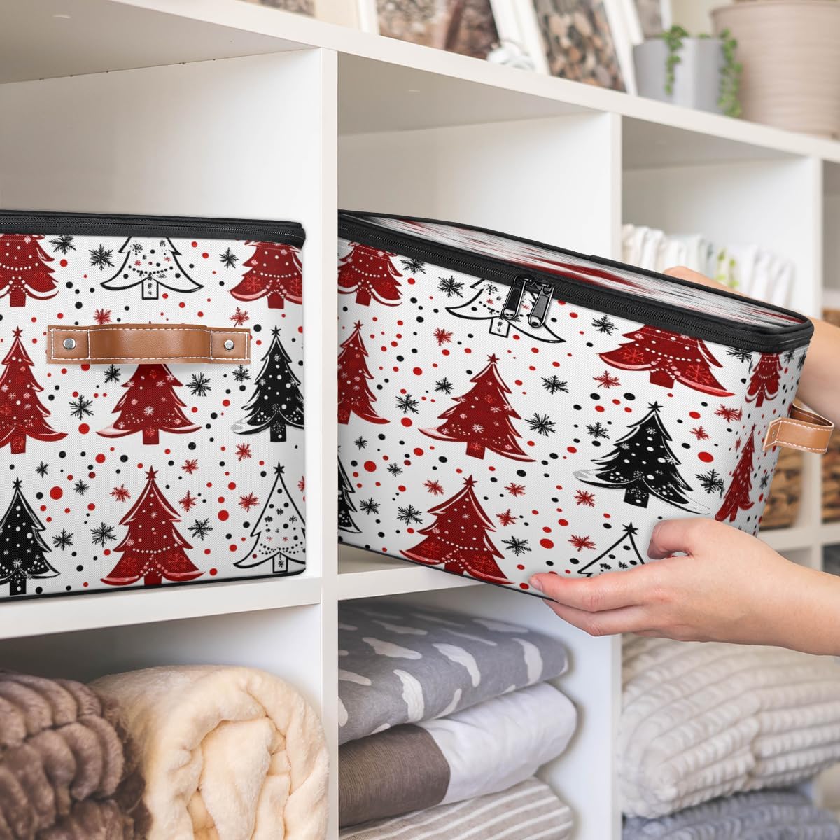 Storage Bin Set of 2 Christmas Holiday Tree Storage Basket with Zipper Lid & Handle Foldable Closet Shelf 2 Pack Cloth Organizer Basket Cube Bins for Bedroom, Nursery