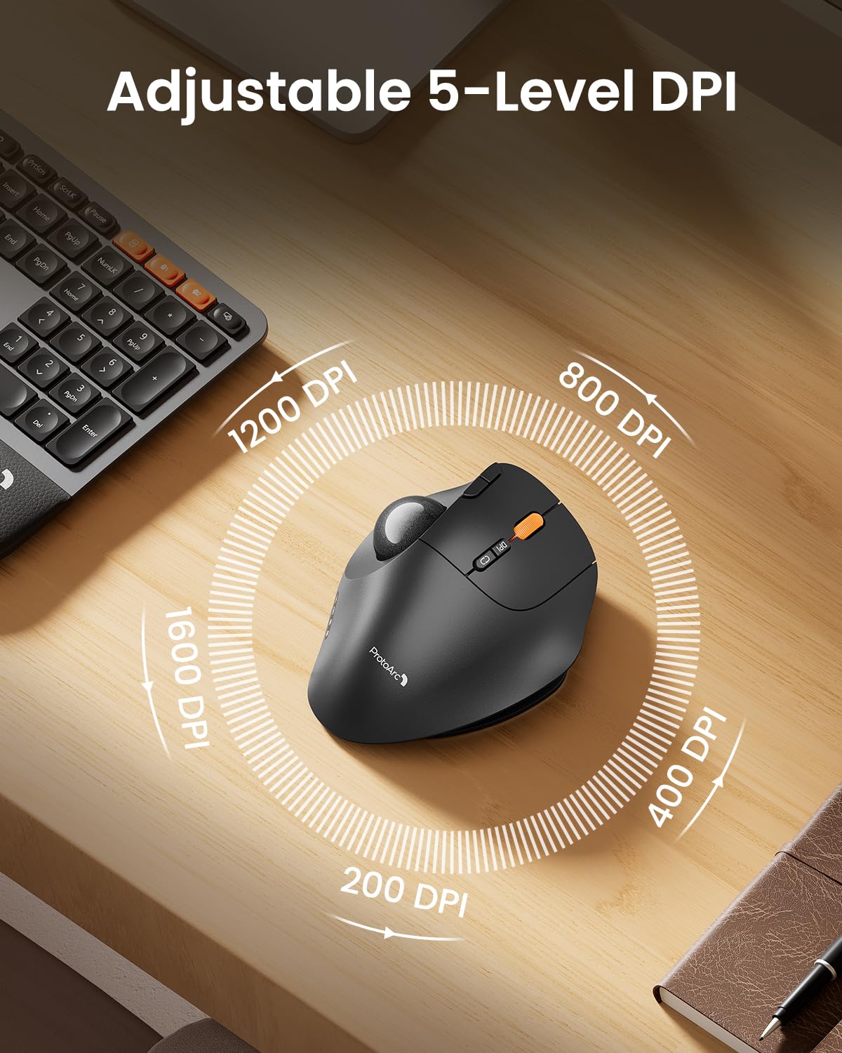 ProtoArc Wireless Bluetooth Trackball Mouse, EM02 Two Adjustable Angle Ergonomic Rechargeable Computer Ball Mouse, 3 Device Connection, Thumb Control and Smooth Tracking for Laptop, PC, Mac-Gray — view 8