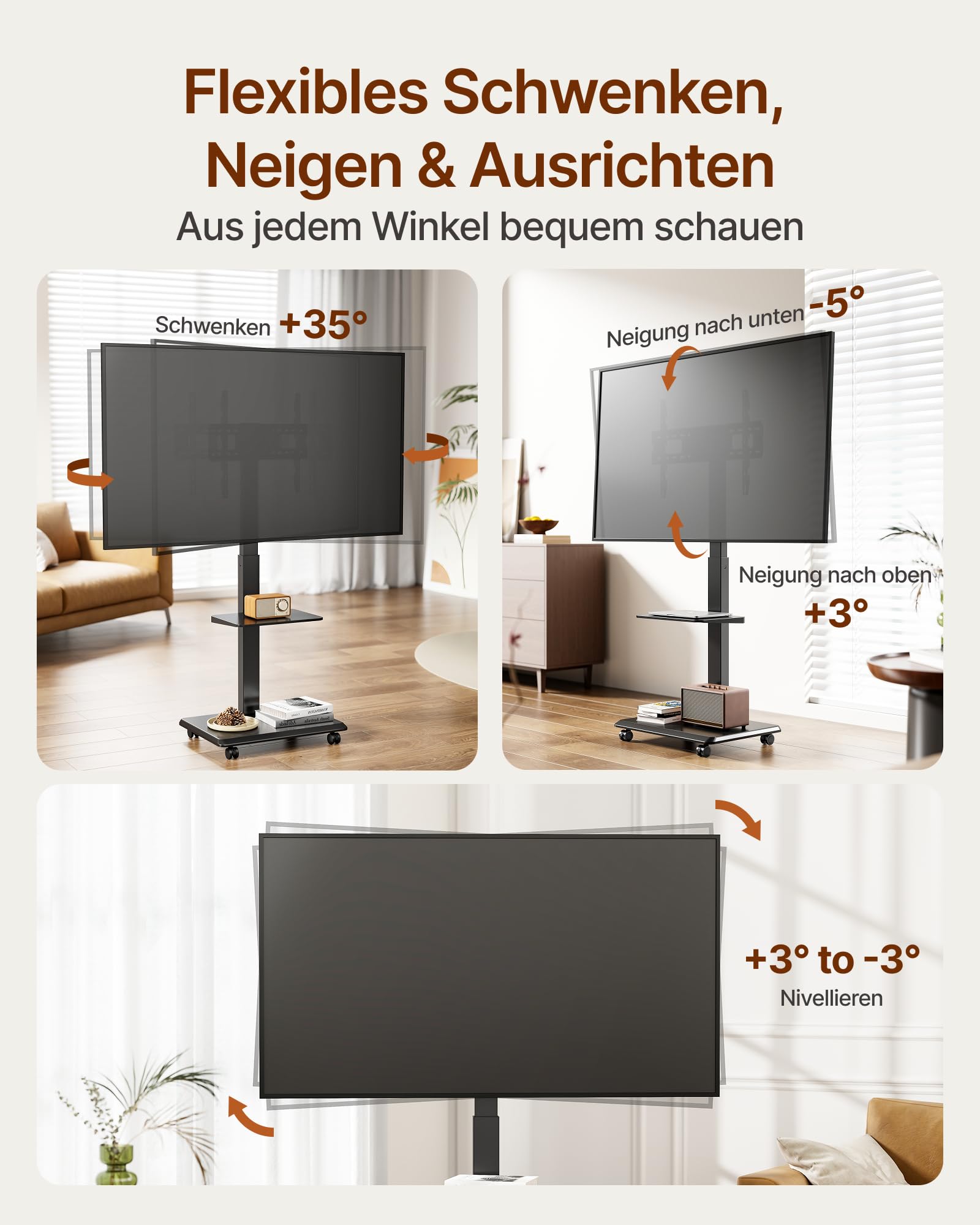 TV Ständer Rollbar aus Stahl für 37-75 Zoll Fernseher bis zu 50kg, Schwenkbar Fernsehständer Höhenverstellbarer mit Ablage, TV Bodenständer mit Versteckter Kabelverwaltung, VESA 600 x 400mm