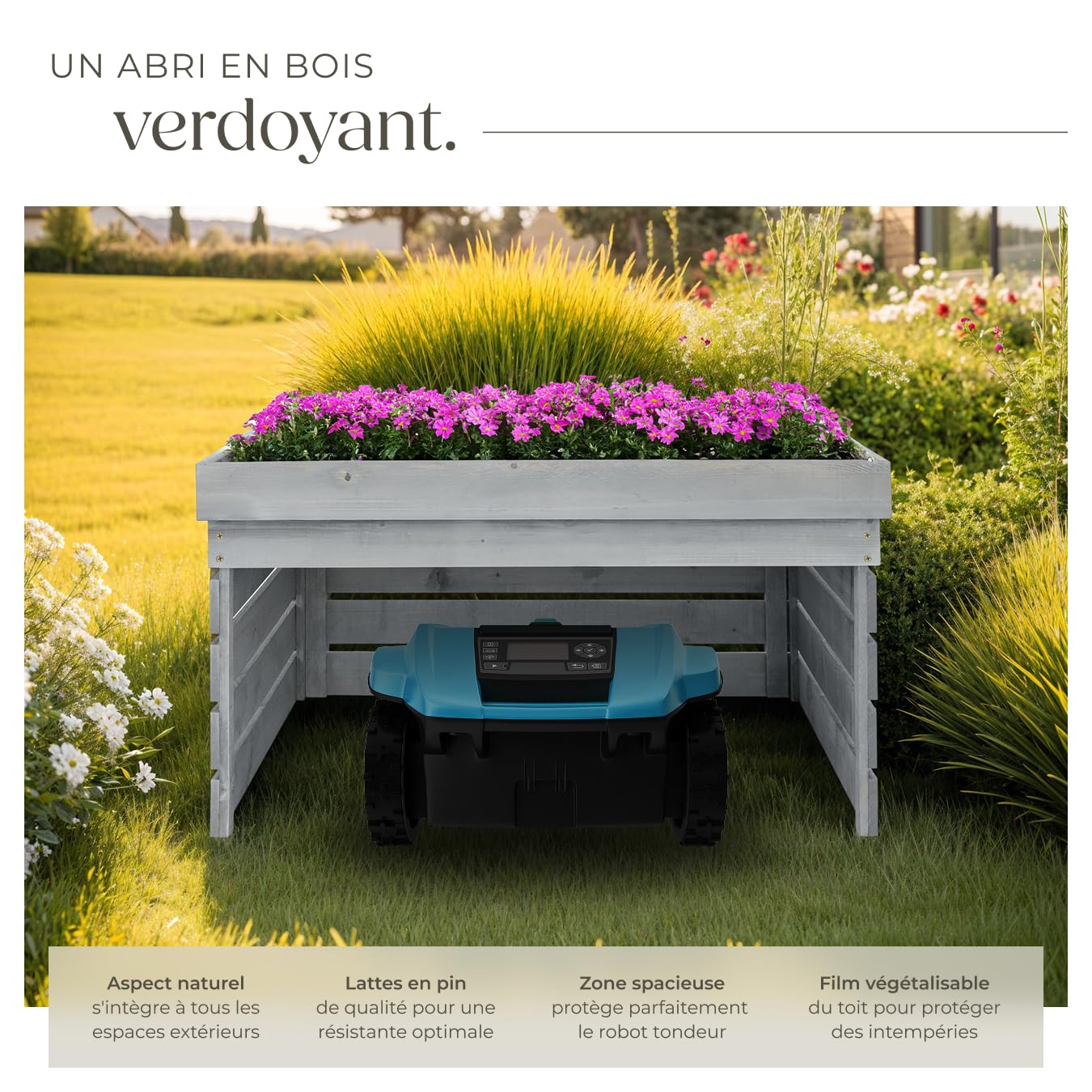 tectake® Abri garage 84x78x46 cm pour Robot tondeuse sans fil périphérique en bois avec Toit végétal bac à plantes bac à fleurs, Rangement jardin pour tondeuse gazon, Résistant aux intempéries & UV