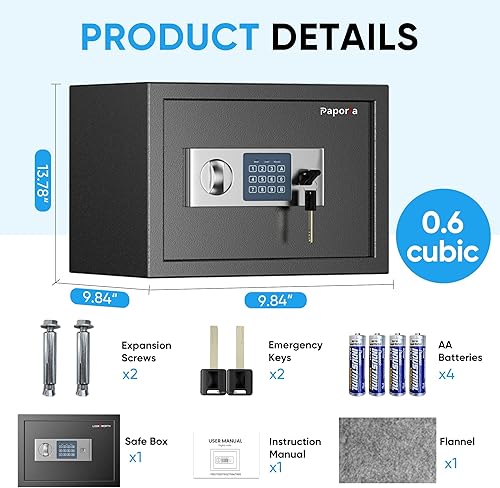 Miniatura 2 de Caja de seguridad de 0.6 pies cúbicos con teclado digital y llaves, caja de dinero segura para el hogar para efectivo, documentos, medicamentos y