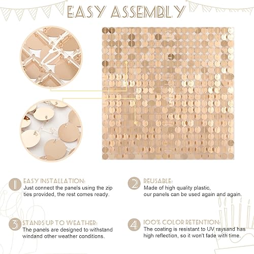 Miniatura 6 de Telón de fondo de pared brillante con lentejuelas champán, 24 paneles, fondos redondos con purpurina para cumpleaños, despedida de soltera,