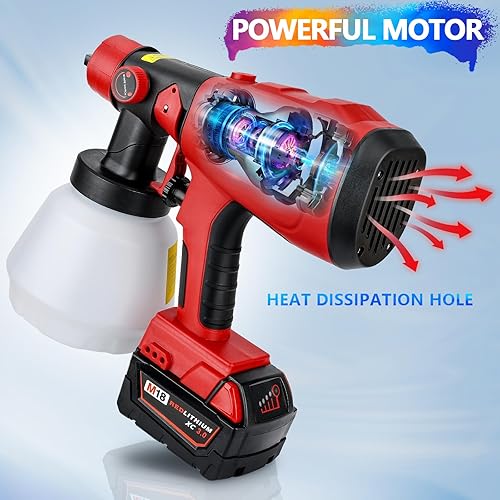 Miniatura 5 de Pulverizador de pintura inalámbrico para batería Milwaukee M18, pistola de pintura HVLP de alta potencia de 200 W con 4 boquillas, 3 patrones,